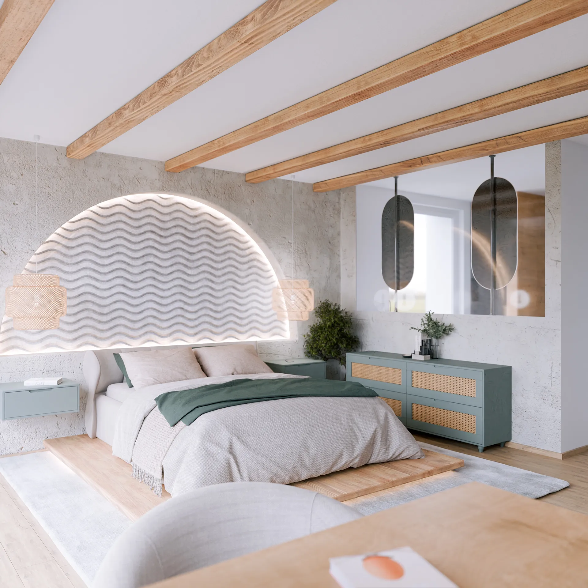 Schlafzimmer Visualisierung mit weicher Lichtstimmung