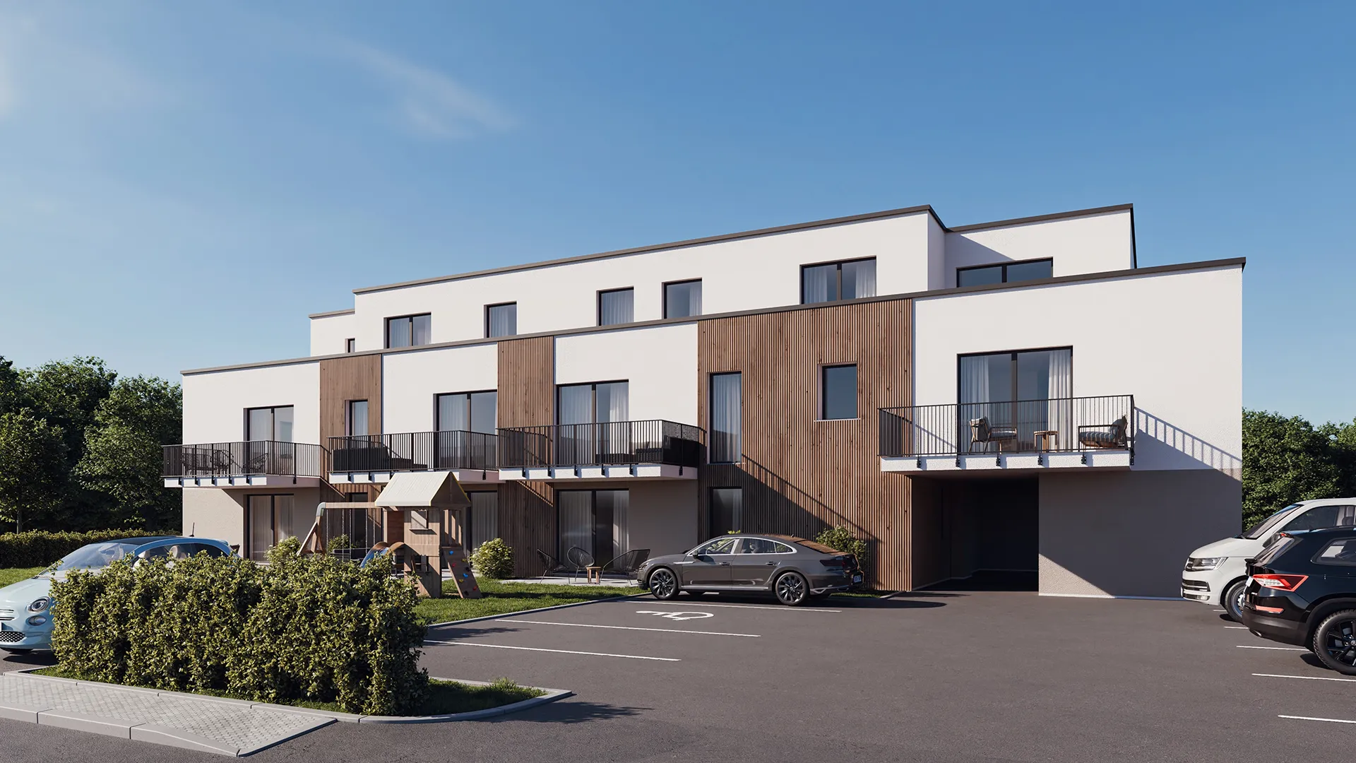 Exterior Visualisierung eines modernen Wohnbauprojekts