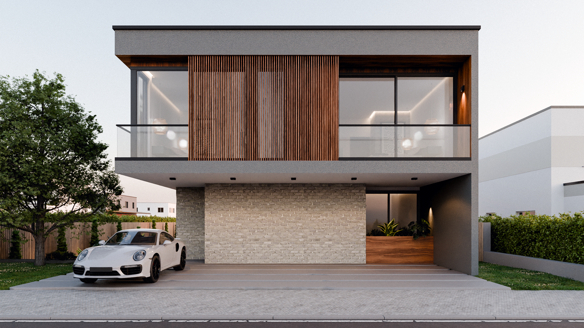 Moderne Architekturvisualisierung eines Wohnhauses bei Abendlicht